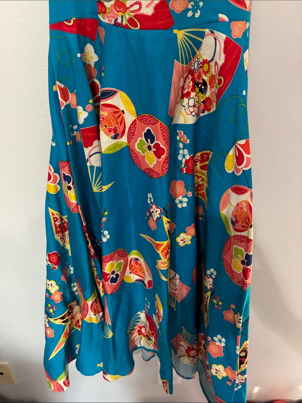 Trashy Diva Teal Floral Fit-and-Flare Geisha Fan Asian Dress with Red Bust - Picture 4 of 12